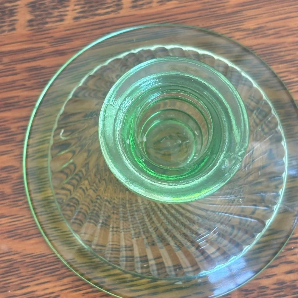 Green depression/uranium glass candle holder